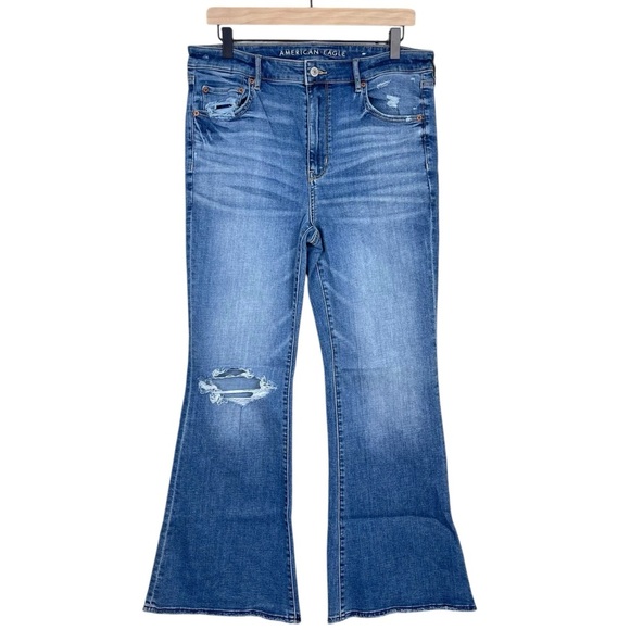 American Eagle Outfitters Denim - American Eagle Super Hi Rise Flare Jeans 12 SHORT Raw Hem Ripped Stretch Denim